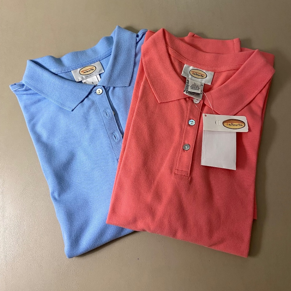 Two Talbots Short Sleeve Polo Shirts; Cotton-Spandex; Large; Pink; Blue; N ew